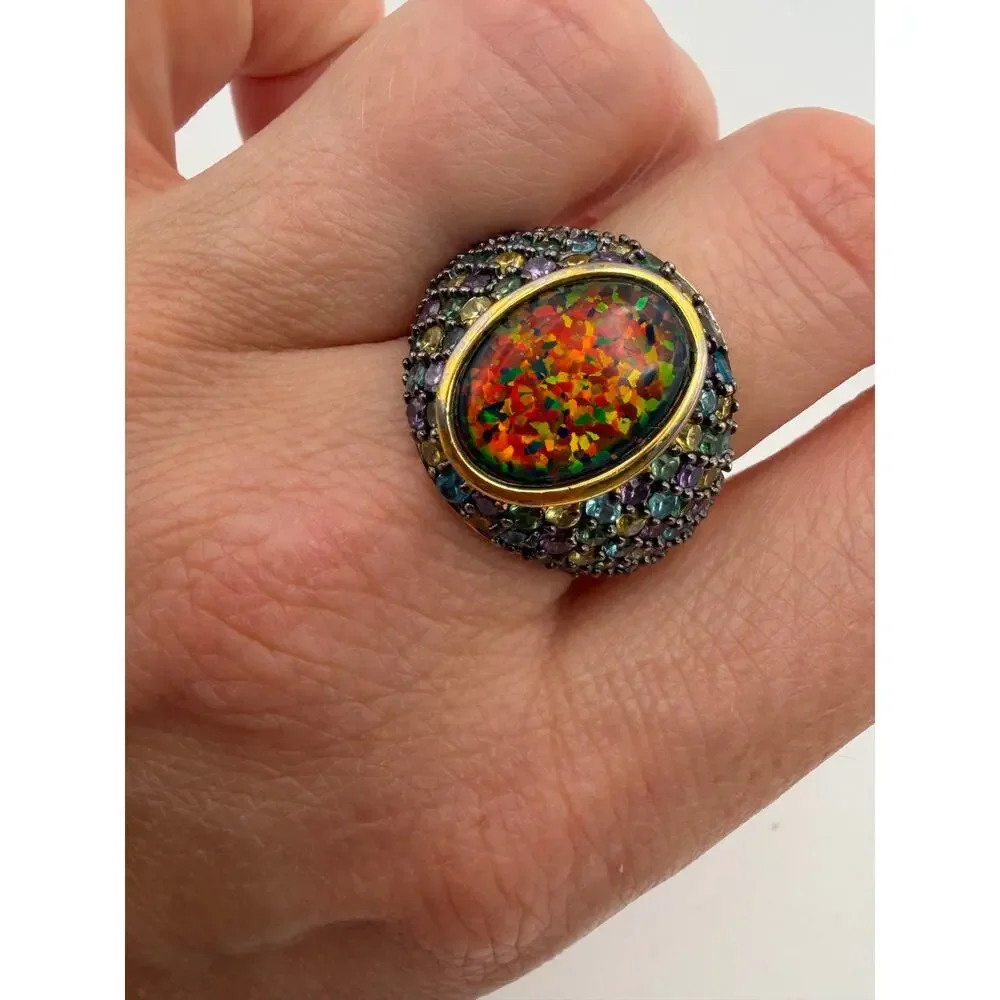 Lot 3 Vintage Estate Statement Rings 925 Sterling Gold Plated 18K GE CZ Opal Sz